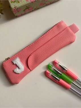 Pencil Case in Pink Faux Leather with White Chenille Varsity Monogrammed